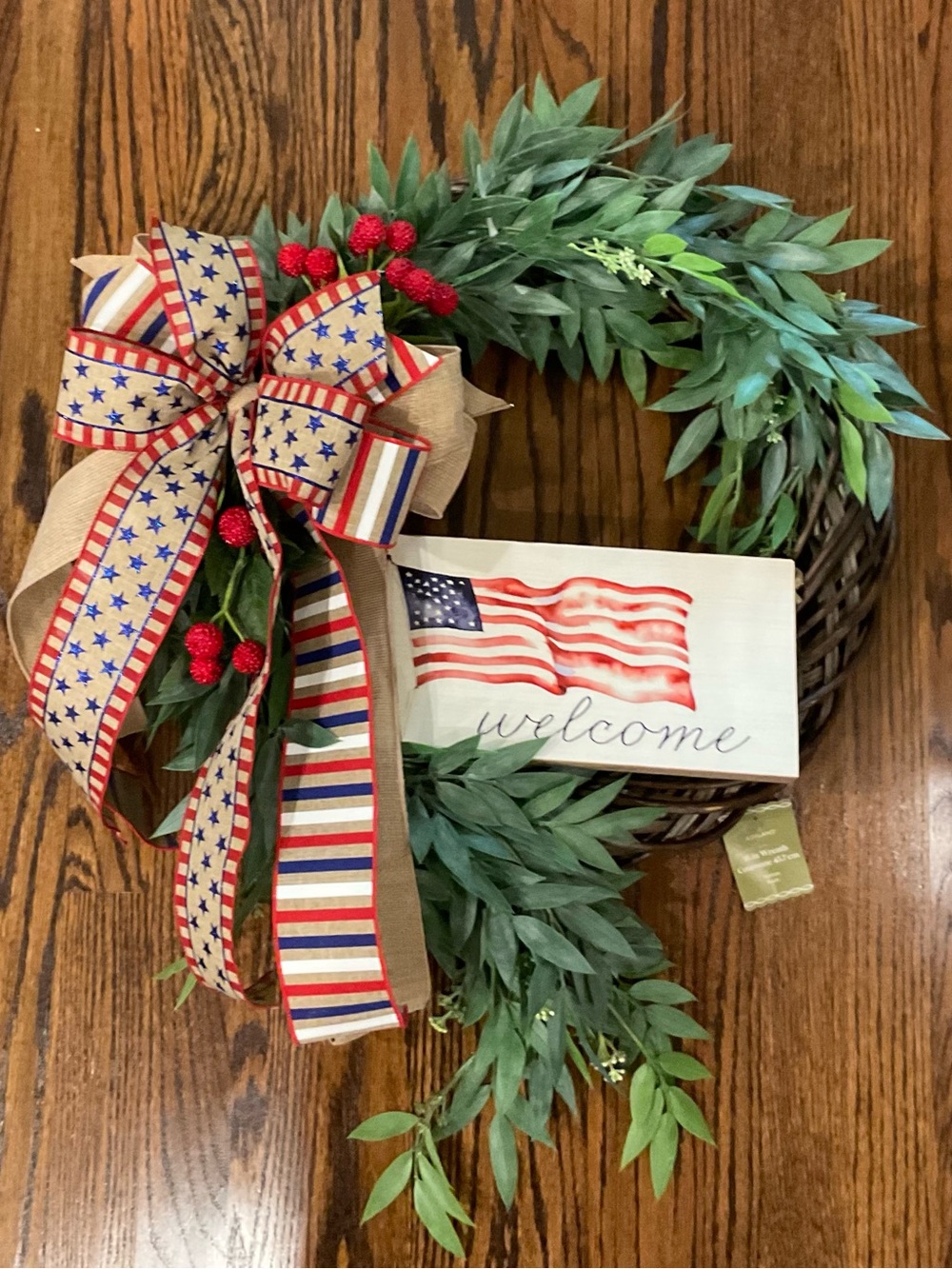 Patriotic Welcome Wreath with Flag Bow